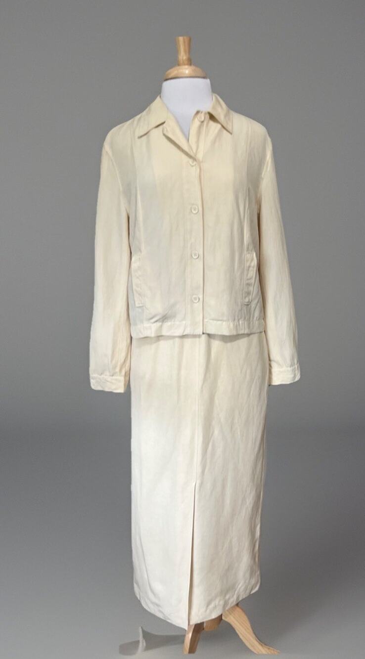 Ann Tjian KENAR Womens 8/12 2pc CREAM Silk Linen Jacket & Maxi Skirt Set READ
